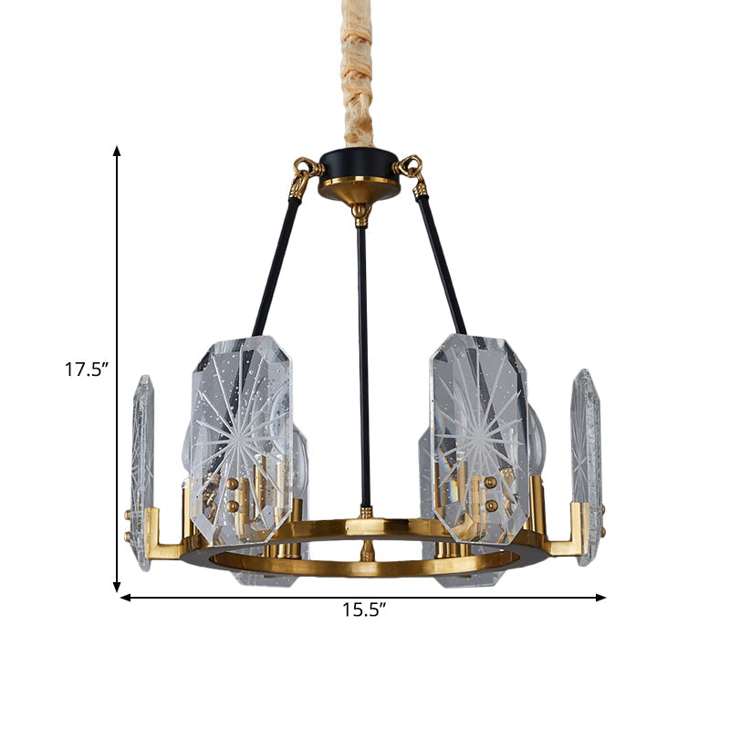 Geometric Panel Pendulum Light Postmodern Clear Crystal Glass 6-Bulb Black and Gold Ring Chandelier Clearhalo 'Ceiling Lights' 'Chandeliers' 'Modern Chandeliers' 'Modern' Lighting' 1435227