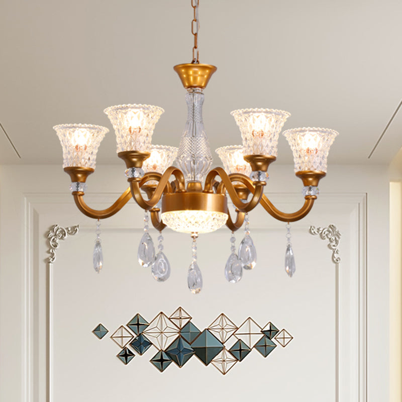 3/6/8-Head Bell Shaped Hanging Chandelier Traditional Gold Finish Clear Crystal Glass Pendant for Parlor 6 Gold Clearhalo 'Ceiling Lights' 'Chandeliers' 'Modern Chandeliers' 'Modern' Lighting' 1435232