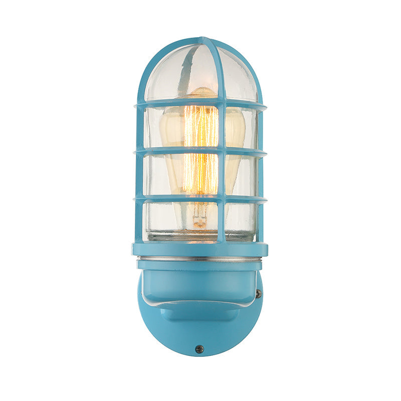 Cylinder Clear Glass Wall Mounted Lamp Industrial Single Bulb Living Room Sconce Light in Pink/Blue/Green with Cage Clearhalo 'Cast Iron' 'Glass' 'Industrial' 'Modern wall lights' 'Modern' 'Tiffany' 'Traditional wall lights' 'Wall Lamps & Sconces' 'Wall Lights' Lighting' 143722