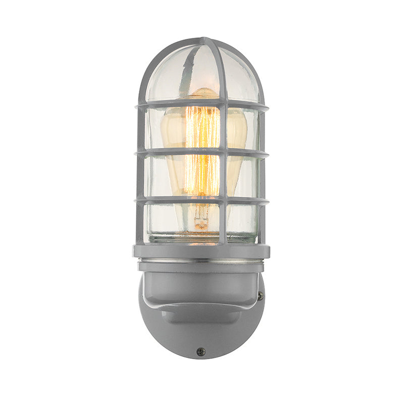 Cylinder Clear Glass Wall Mounted Lamp Industrial Single Bulb Living Room Sconce Light in Pink/Blue/Green with Cage Clearhalo 'Cast Iron' 'Glass' 'Industrial' 'Modern wall lights' 'Modern' 'Tiffany' 'Traditional wall lights' 'Wall Lamps & Sconces' 'Wall Lights' Lighting' 143729