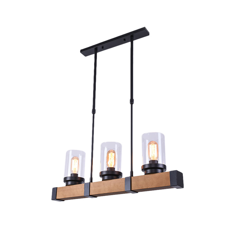 3/6 Lights Island Lighting with Cylinder Shade Clear Glass Industrial Dining Room Hanging Lamp in Brown Clearhalo 'Ceiling Lights' 'Glass shade' 'Glass' 'Island Lights' 'Pendant Lights' Lighting' 143740