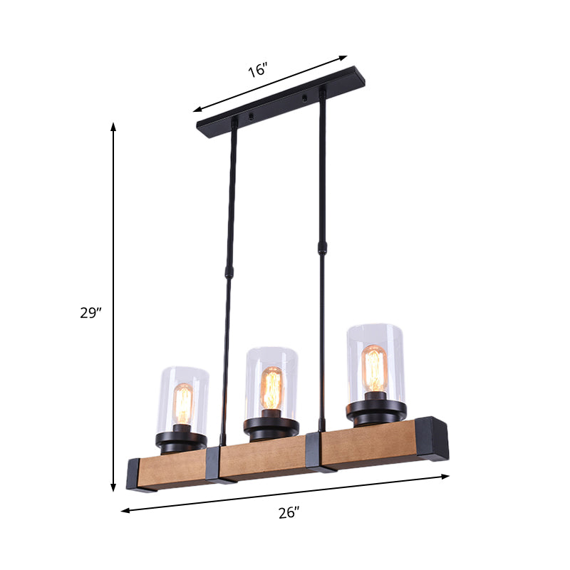 3/6 Lights Island Lighting with Cylinder Shade Clear Glass Industrial Dining Room Hanging Lamp in Brown Clearhalo 'Ceiling Lights' 'Glass shade' 'Glass' 'Island Lights' 'Pendant Lights' Lighting' 143741