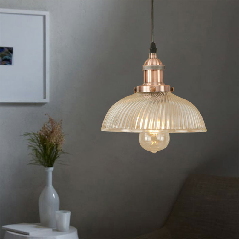 Black/Bronze/Rust Dome Pendant Ceiling Light Industrial Ribbed Glass 1 Light Dining Room Hanging Lamp Copper Clearhalo 'Ceiling Lights' 'Glass shade' 'Glass' 'Industrial Pendants' 'Industrial' 'Middle Century Pendants' 'Pendant Lights' 'Pendants' 'Tiffany' Lighting' 143808