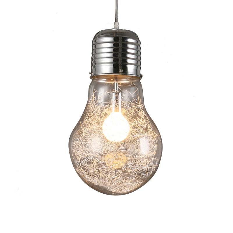 Bulb Shaped Pendant Lighting Industrial 1 Light Clear Glass Hanging Ceiling Light in Chrome, 6"/8.5"/12" Wide Clearhalo 'Ceiling Lights' 'Glass shade' 'Glass' 'Industrial Pendants' 'Industrial' 'Middle Century Pendants' 'Pendant Lights' 'Pendants' 'Tiffany' Lighting' 143880