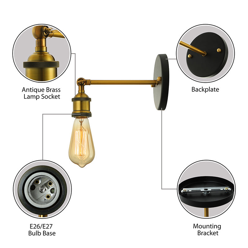 Black/Brass Finish 1 Head Wall Lamp Industrial Metal Mini Sconce Lighting with Bare Bulb for Bedroom Clearhalo 'Art deco wall lights' 'Cast Iron' 'Glass' 'Industrial wall lights' 'Industrial' 'Middle century wall lights' 'Modern' 'Rustic wall lights' 'Tiffany' 'Traditional wall lights' 'Wall Lamps & Sconces' 'Wall Lights' Lighting' 143929