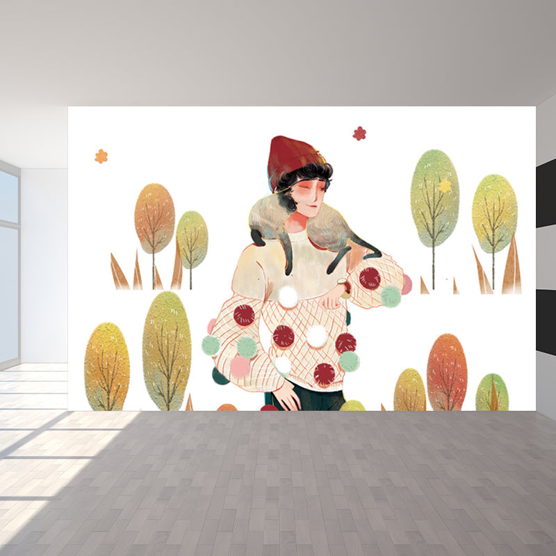 Large Childrens Art Mural Wallpaper White Girl Walk with Her Pet Wall Covering, Custom Size Clearhalo 'Wall Decor' 'Wall Mural' 1440502