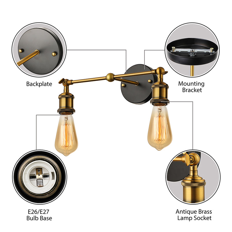 2 Lights Exposed Sconce Light with Bare Bulb Industrial Brass Finish Metal Wall Light Fixture for Coffee Shop Clearhalo 'Art deco wall lights' 'Cast Iron' 'Glass' 'Industrial wall lights' 'Industrial' 'Middle century wall lights' 'Modern' 'Rustic wall lights' 'Tiffany' 'Traditional wall lights' 'Wall Lamps & Sconces' 'Wall Lights' Lighting' 144238