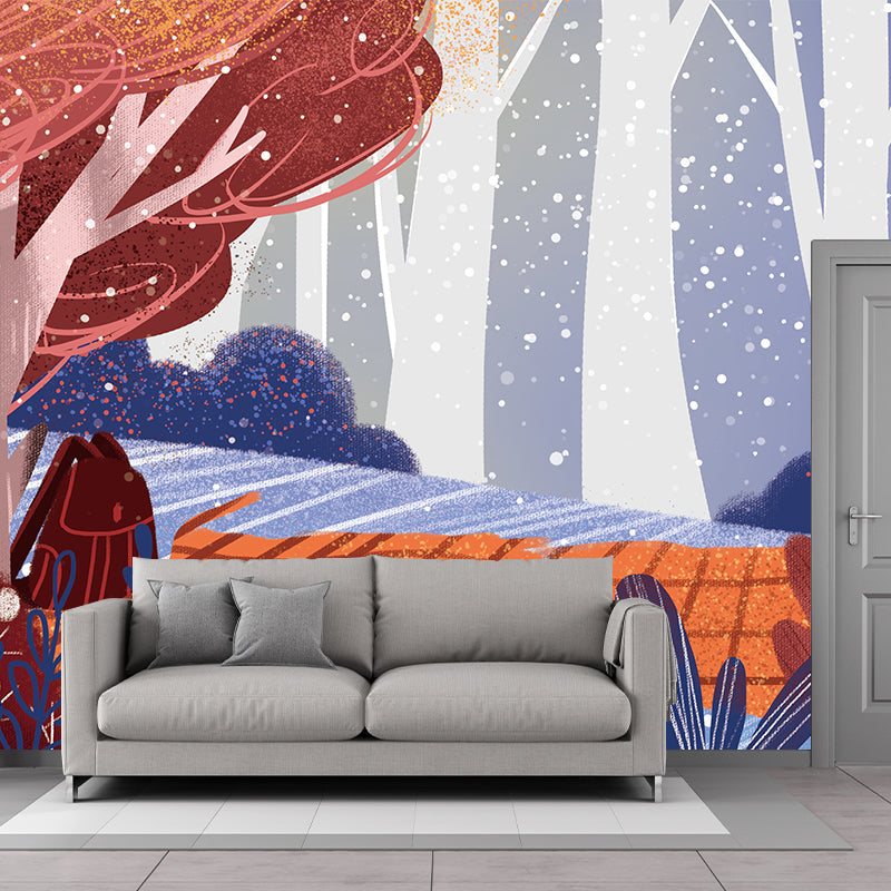 Picnic in the Forest Mural Blue-Brown Childrens Art Wall Covering for Bedroom, Non-Woven Cloth Clearhalo 'Wall Decor' 'Wall Mural' 1442656