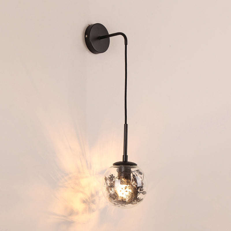Clear Glass Orb Shade Wall Light with Flower Deco Cloth Shop 1 Light Modern Hanging Wall Lamp in Silver/Gold Clearhalo 'Cast Iron' 'Glass' 'Industrial' 'Modern wall lights' 'Modern' 'Tiffany' 'Traditional wall lights' 'Wall Lamps & Sconces' 'Wall Lights' Lighting' 144957