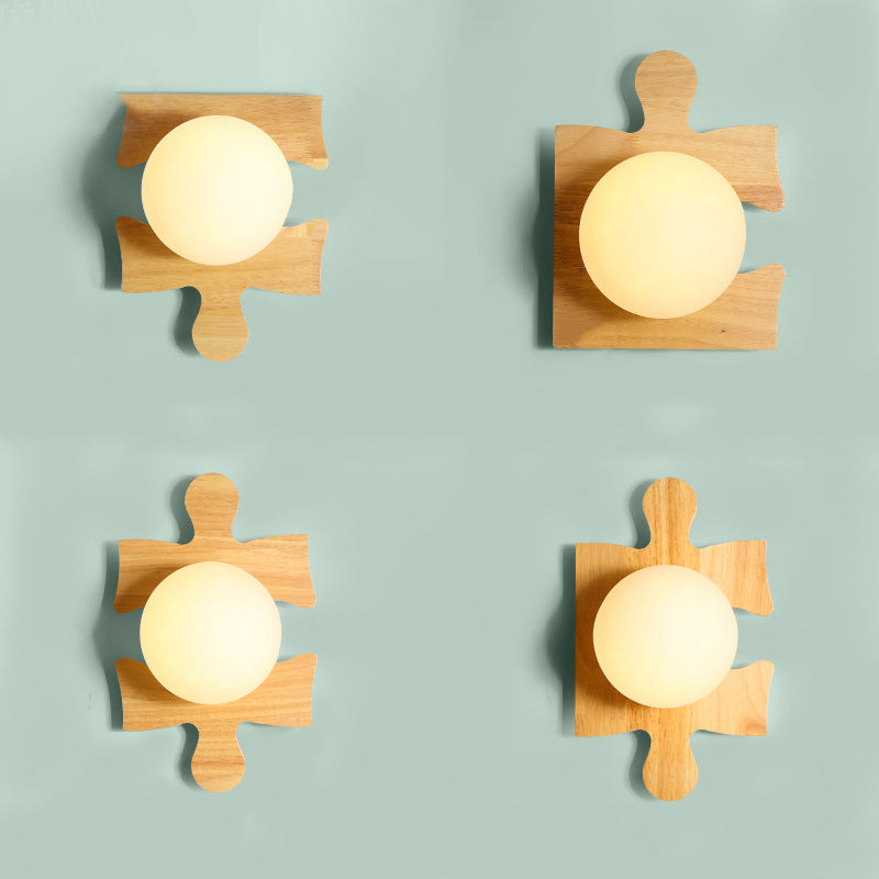 Japanese Style Orb Wall Light with Wooden Puzzle Base Glass 1 Light Beige Sconce Lamp for Corridor Kitchen Clearhalo 'Modern wall lights' 'Modern' 'Wall Lamps & Sconces' 'Wall Lights' Lighting' 145059