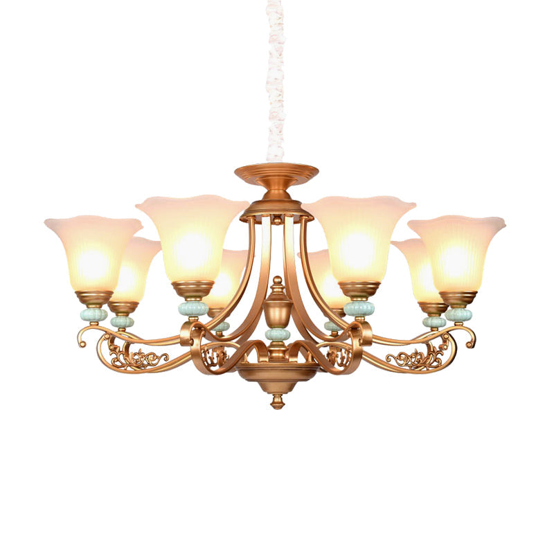3/6/8-Head Bloom Ceiling Chandelier Rustic Style Gold Milky Glass Suspended Lighting Pendant with Curvy Arm Clearhalo 'Ceiling Lights' 'Chandeliers' 'Close To Ceiling Lights' 'Glass shade' 'Glass' Lighting' 1450882