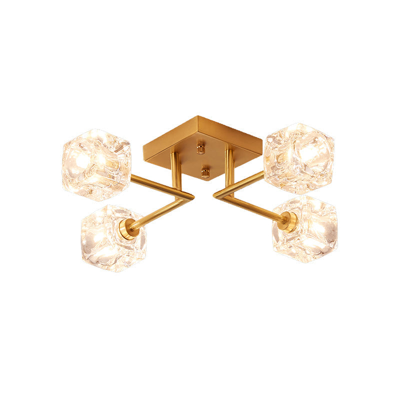 4/6-Head Cubic Crystal Ceiling Light Postmodern Gold Branching Bedroom Semi Mount Lighting Clearhalo 'Ceiling Lights' 'Close To Ceiling Lights' 'Close to ceiling' 'Semi-flushmount' Lighting' 1451038