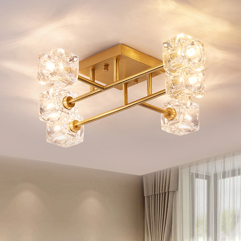 4/6-Head Cubic Crystal Ceiling Light Postmodern Gold Branching Bedroom Semi Mount Lighting 6 Gold Clearhalo 'Ceiling Lights' 'Close To Ceiling Lights' 'Close to ceiling' 'Semi-flushmount' Lighting' 1451041