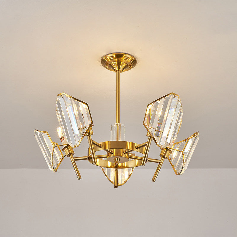 Gold 5/6-Bulb Flush Mount Chandelier Post-Modern Crystal Curved Shade Semi Flush Ceiling Light Clearhalo 'Ceiling Lights' 'Close To Ceiling Lights' 'Close to ceiling' 'Semi-flushmount' Lighting' 1451474