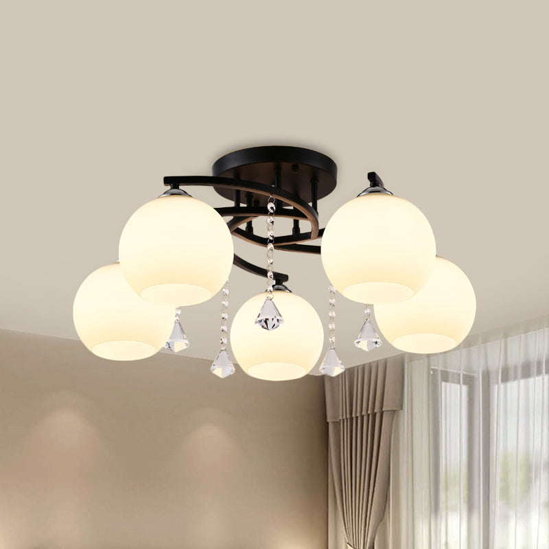 Milk Glass Ball Semi Flush Light Modern 3/7/9 Heads Living Room Ceiling Mount Chandelier in Black Clearhalo 'Ceiling Lights' 'Close To Ceiling Lights' 'Close to ceiling' 'Semi-flushmount' Lighting' 1451491