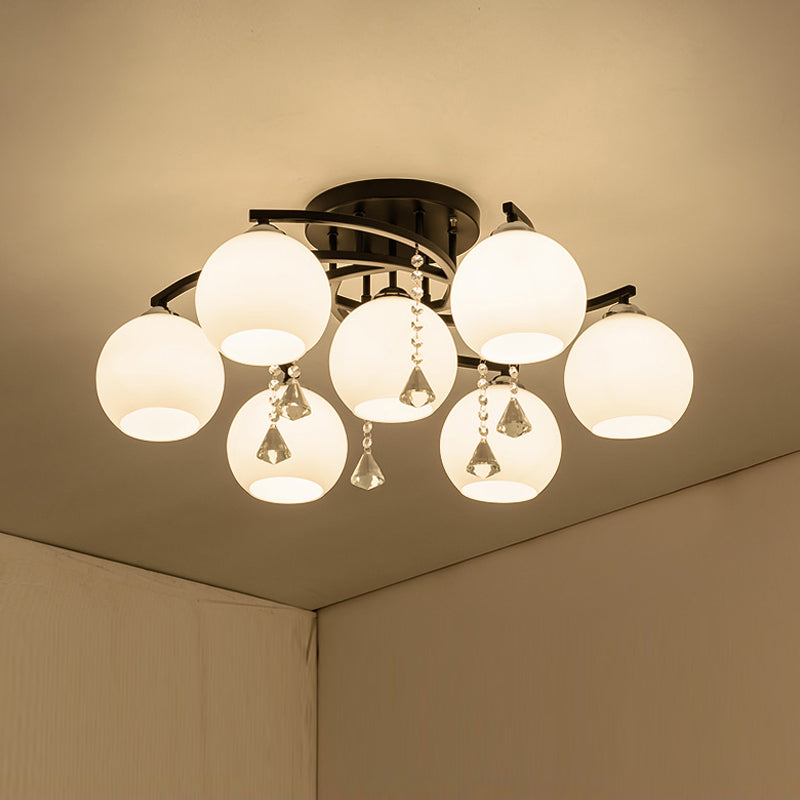 Milk Glass Ball Semi Flush Light Modern 3/7/9 Heads Living Room Ceiling Mount Chandelier in Black Clearhalo 'Ceiling Lights' 'Close To Ceiling Lights' 'Close to ceiling' 'Semi-flushmount' Lighting' 1451496
