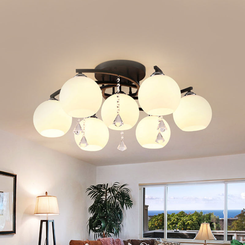 Milk Glass Ball Semi Flush Light Modern 3/7/9 Heads Living Room Ceiling Mount Chandelier in Black Clearhalo 'Ceiling Lights' 'Close To Ceiling Lights' 'Close to ceiling' 'Semi-flushmount' Lighting' 1451497