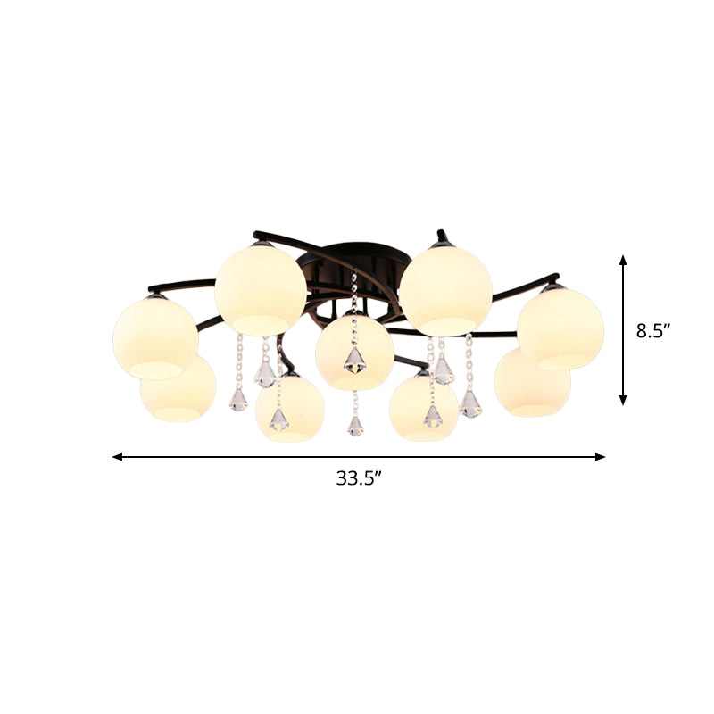 Milk Glass Ball Semi Flush Light Modern 3/7/9 Heads Living Room Ceiling Mount Chandelier in Black Clearhalo 'Ceiling Lights' 'Close To Ceiling Lights' 'Close to ceiling' 'Semi-flushmount' Lighting' 1451504