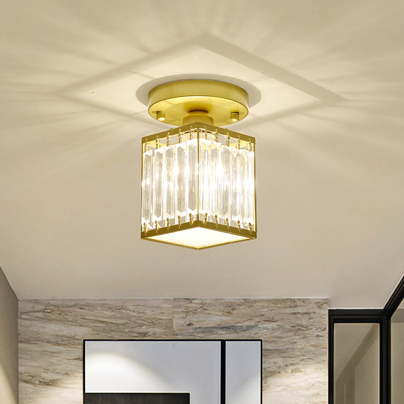 Round/Square Small Foyer Flush Mount Simple Crystal 1 Bulb Black/Gold Semi Flush Mount Ceiling Light Gold Square Plate Clearhalo 'Ceiling Lights' 'Close To Ceiling Lights' 'Close to ceiling' 'Semi-flushmount' Lighting' 1451505