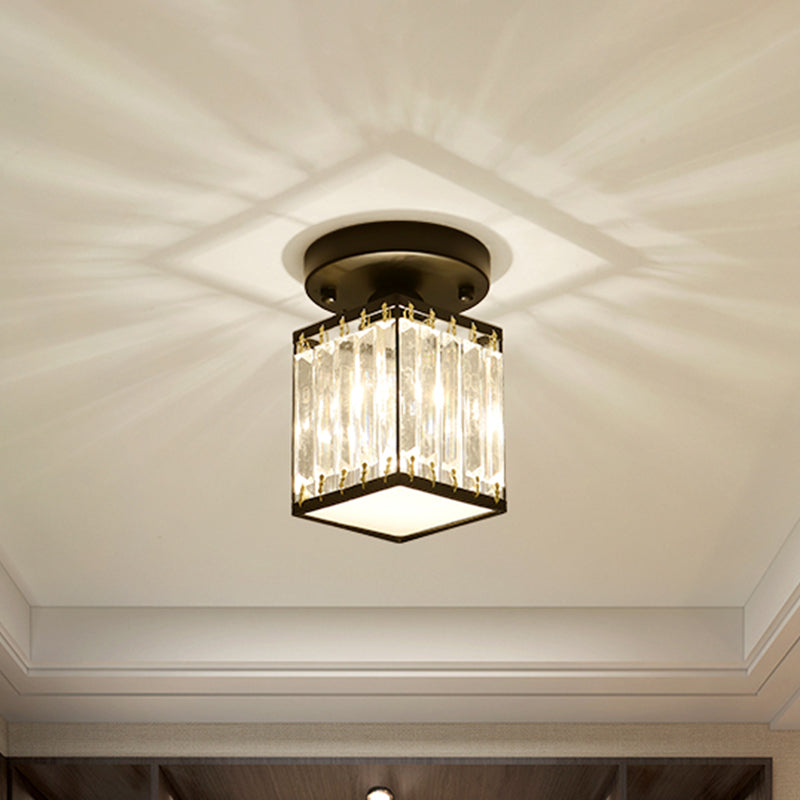 Round/Square Small Foyer Flush Mount Simple Crystal 1 Bulb Black/Gold Semi Flush Mount Ceiling Light Black Square Plate Clearhalo 'Ceiling Lights' 'Close To Ceiling Lights' 'Close to ceiling' 'Semi-flushmount' Lighting' 1451509
