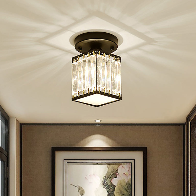 Round/Square Small Foyer Flush Mount Simple Crystal 1 Bulb Black/Gold Semi Flush Mount Ceiling Light Clearhalo 'Ceiling Lights' 'Close To Ceiling Lights' 'Close to ceiling' 'Semi-flushmount' Lighting' 1451510