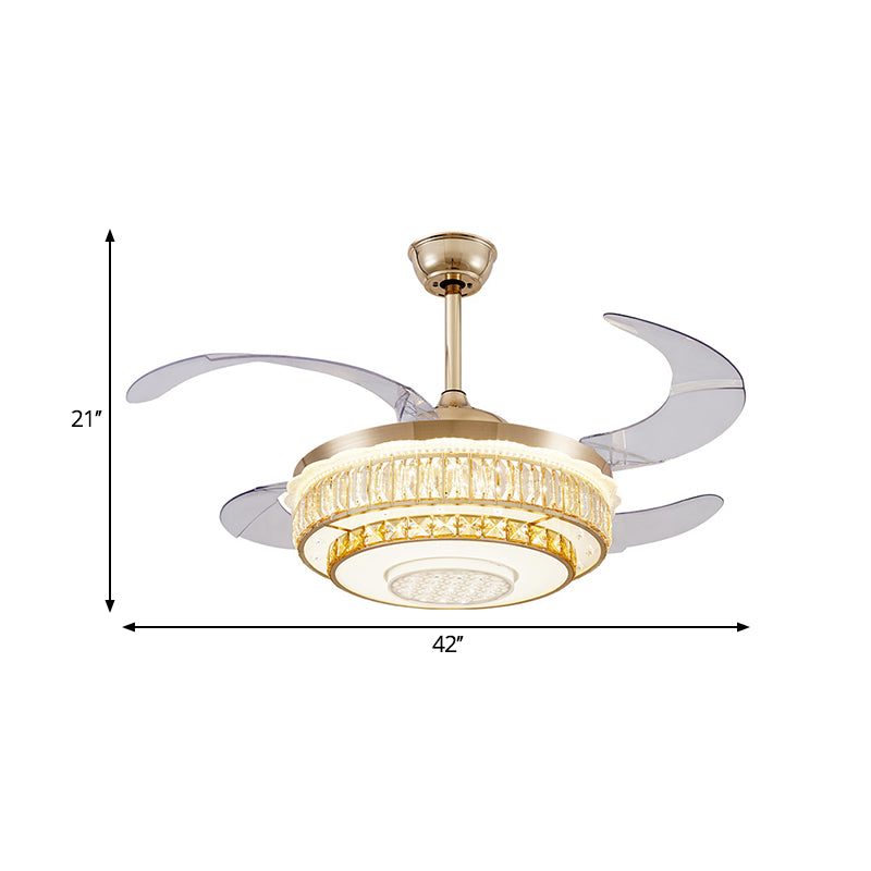 4 Blades LED Ceiling Fan Lamp Contemporary Circular Clear Crystal Blocks Semi Flush Light in Gold, 42" Width Clearhalo 'Ceiling Fans with Lights' 'Ceiling Fans' 'Modern Ceiling Fans' 'Modern' Lighting' 1451794