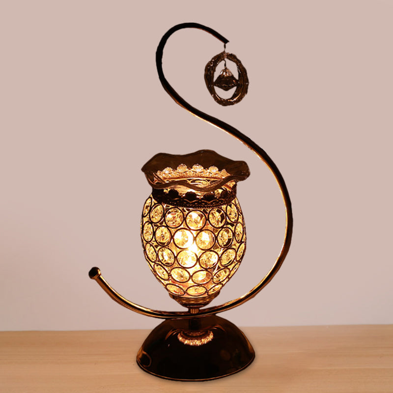 1 Bulb Bedroom Table Lamp Contemporary Gold Desk Light with Floral Crystal Embedded Shade in Warm/Blue/Purple Light Gold Clearhalo 'Lamps' 'Table Lamps' Lighting' 1451938