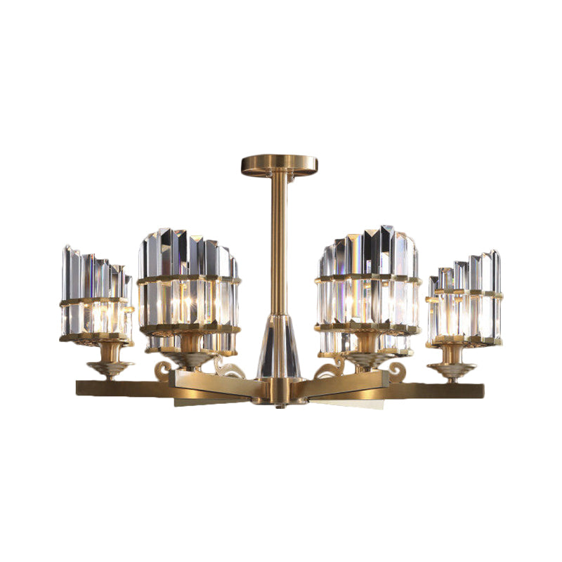 Postmodern 3/6 Bulbs Chandelier Lamp with Crystal Block Shade Half-Cylindrical Gold Radial Pendant Light Fixture Clearhalo 'Ceiling Lights' 'Close To Ceiling Lights' 'Close to ceiling' 'Semi-flushmount' Lighting' 1452388
