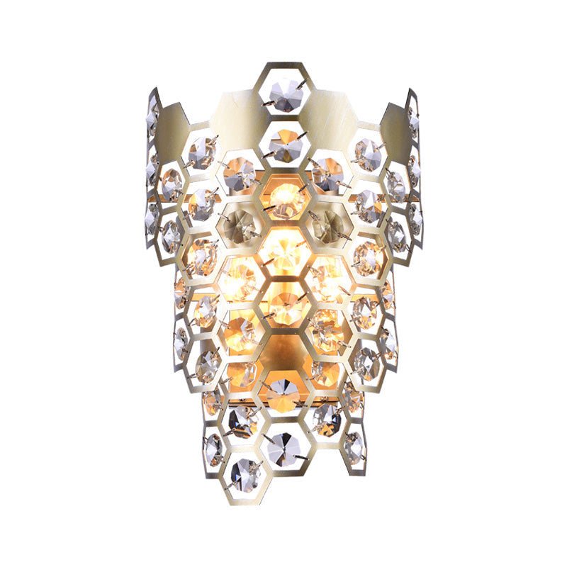 Contemporary Tapered Flush Wall Sconce 3 Bulbs Hexagon-Crystal Embedded Wall Mounted Light in Champagne Clearhalo 'Modern wall lights' 'Modern' 'Wall Lamps & Sconces' 'Wall Lights' Lighting' 1452392