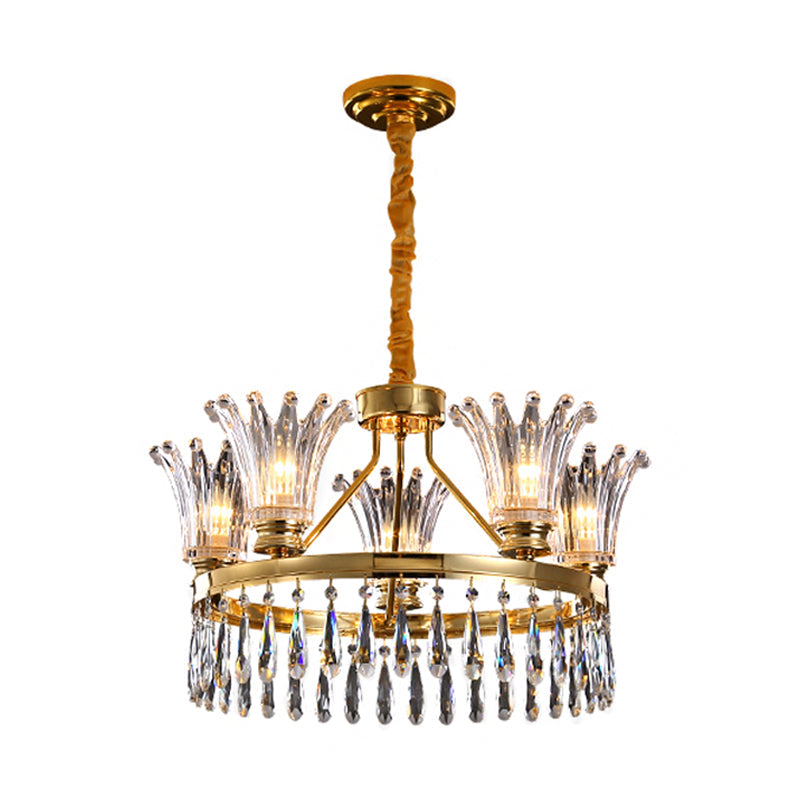 5/8 Bulbs Flared Chandelier Light Fixture Classic Gold Clear Crystal Ceiling Pendant with Droplet Design Clearhalo 'Ceiling Lights' 'Chandeliers' Lighting' options 1452457