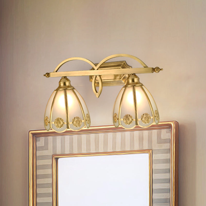Milk Glass Gold Wall Vanity Light Flower 2 Lights Luxurious Wall Sconce Lighting Fixture for Bathroom Gold A Clearhalo 'Vanity Lights' 'Wall Lights' Lighting' 1454116
