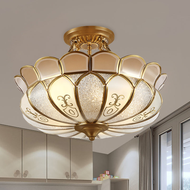 Lotus Dining Room Flush Mount Colonialism Frosted Glass 4/5 Lights Gold Semi Flush Light Fixture Clearhalo 'Ceiling Lights' 'Close To Ceiling Lights' 'Close to ceiling' 'Semi-flushmount' Lighting' 1454204
