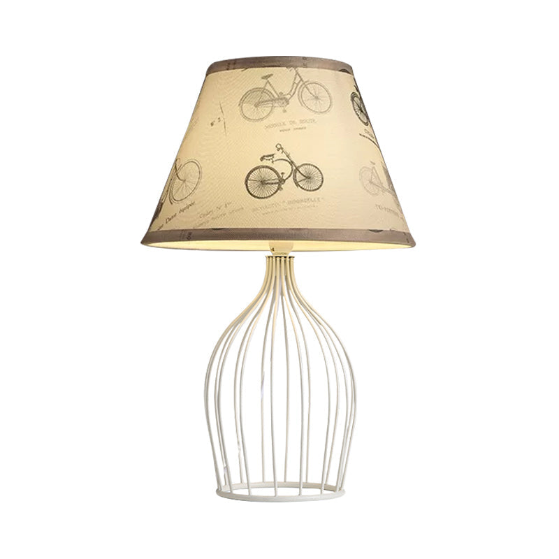 White Tapered Night Table Light Traditional Fabric 1 Head Living Room Desk Lamp with Wire Cage Base Clearhalo 'Lamps' 'Table Lamps' Lighting' 1454481