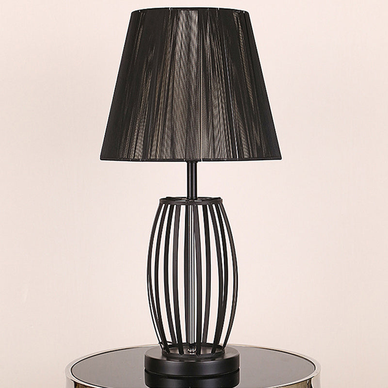 Black Bucket Night Table Lamp Traditional Fabric 1 Head Bedroom Nightstand Light with Round/Oval/Diamond Wire Cage Clearhalo 'Lamps' 'Table Lamps' Lighting' 1454652