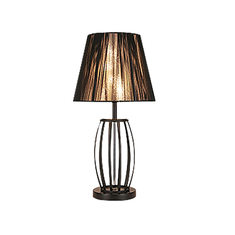 Black Bucket Night Table Lamp Traditional Fabric 1 Head Bedroom Nightstand Light with Round/Oval/Diamond Wire Cage Clearhalo 'Lamps' 'Table Lamps' Lighting' 1454653