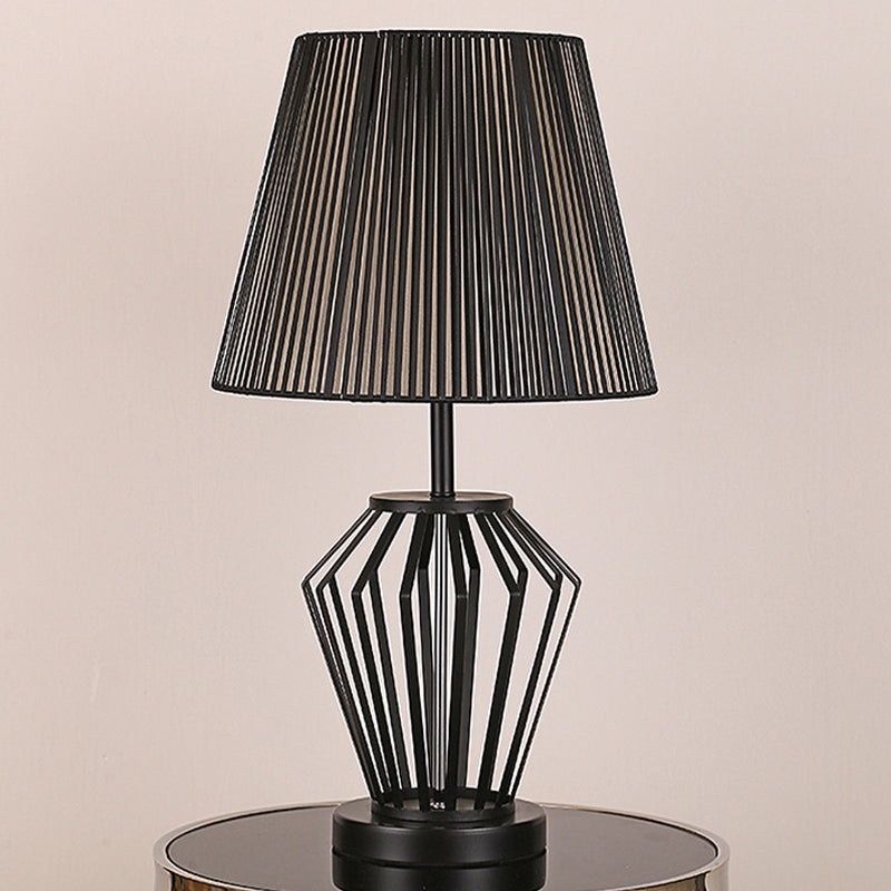 Black Bucket Night Table Lamp Traditional Fabric 1 Head Bedroom Nightstand Light with Round/Oval/Diamond Wire Cage Clearhalo 'Lamps' 'Table Lamps' Lighting' 1454655
