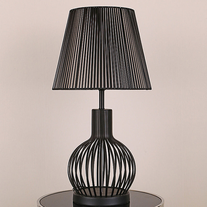 Black Bucket Night Table Lamp Traditional Fabric 1 Head Bedroom Nightstand Light with Round/Oval/Diamond Wire Cage Clearhalo 'Lamps' 'Table Lamps' Lighting' 1454660
