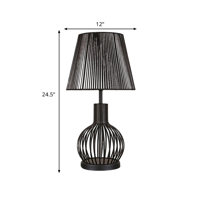 Black Bucket Night Table Lamp Traditional Fabric 1 Head Bedroom Nightstand Light with Round/Oval/Diamond Wire Cage Clearhalo 'Lamps' 'Table Lamps' Lighting' 1454664