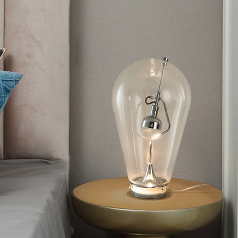 LED Bowl Desk Light Industrial Silver Metal Night Table Lamp with Bulb-Shaped Clear Glass Shade, 6.5"/10" W Clearhalo 'Lamps' 'Table Lamps' Lighting' 1454695