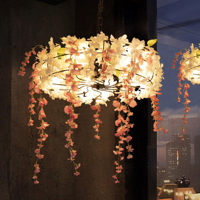 Iron Round Cage Chandelier Light Vintage 3/5-Light Restaurant Suspension Lamp in Black with Cherry Blossom Clearhalo 'Cast Iron' 'Ceiling Lights' 'Chandeliers' 'Industrial Chandeliers' 'Industrial' 'Metal' 'Middle Century Chandeliers' 'Rustic Chandeliers' 'Tiffany' Lighting' 1454764