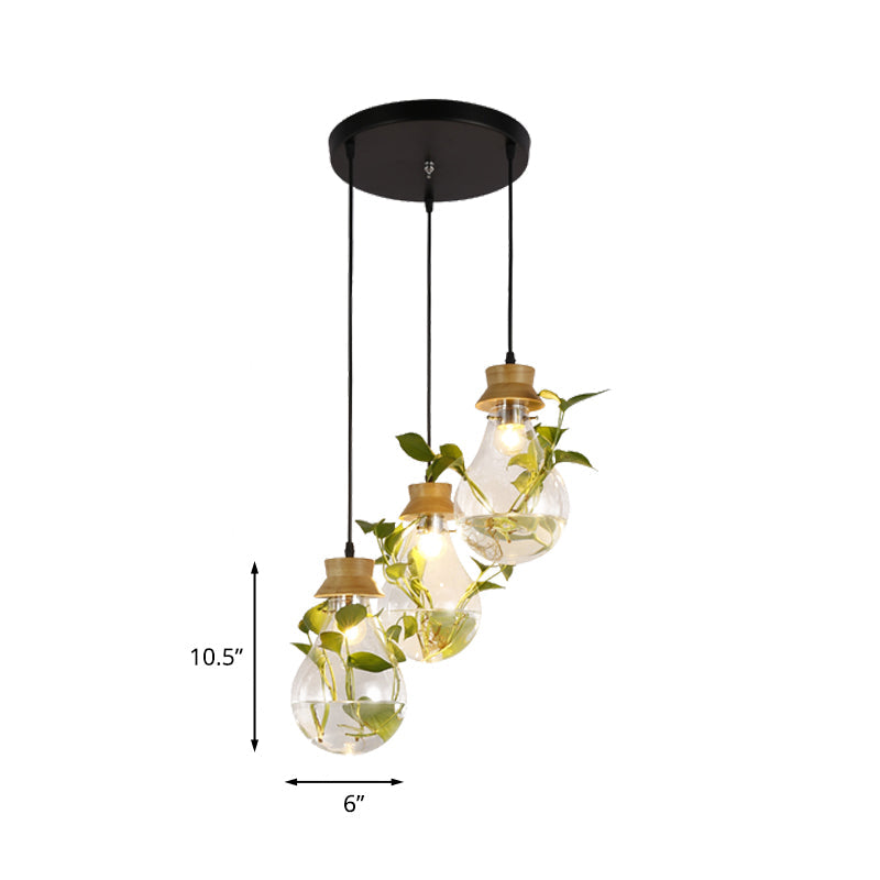 3 Heads Bulb Shape Cluster Pendant Vintage Wood Clear Glass Hanging Light Fixture with Round/Linear Canopy Clearhalo 'Ceiling Lights' 'Close To Ceiling Lights' 'Glass shade' 'Glass' 'Industrial Pendants' 'Industrial' 'Middle Century Pendants' 'Pendant Lights' 'Pendants' 'Tiffany' Lighting' 1454778