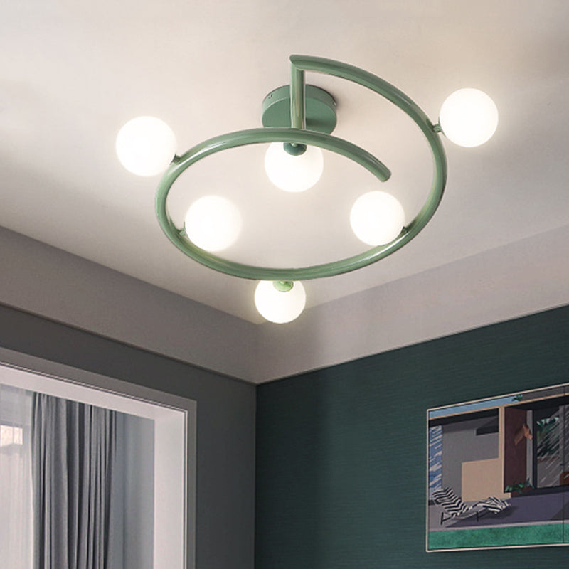Milk Glass Bubble Flush Light Nordic 6 Heads Green Semi-Flush Ceiling Light with Swirled Arm Clearhalo 'Ceiling Lights' 'Close To Ceiling Lights' 'Close to ceiling' 'Glass shade' 'Glass' 'Semi-flushmount' Lighting' 1454796