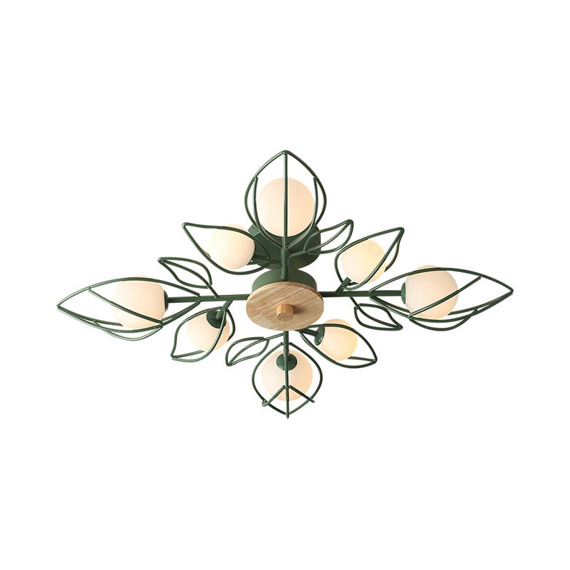 Green Wire Petals Flush Chandelier Nordic 8-Light Metallic Semi Flush Mount Ceiling Light with Orb Glass Shade Clearhalo 'Ceiling Lights' 'Close To Ceiling Lights' 'Close to ceiling' 'Glass shade' 'Glass' 'Semi-flushmount' Lighting' 1454802
