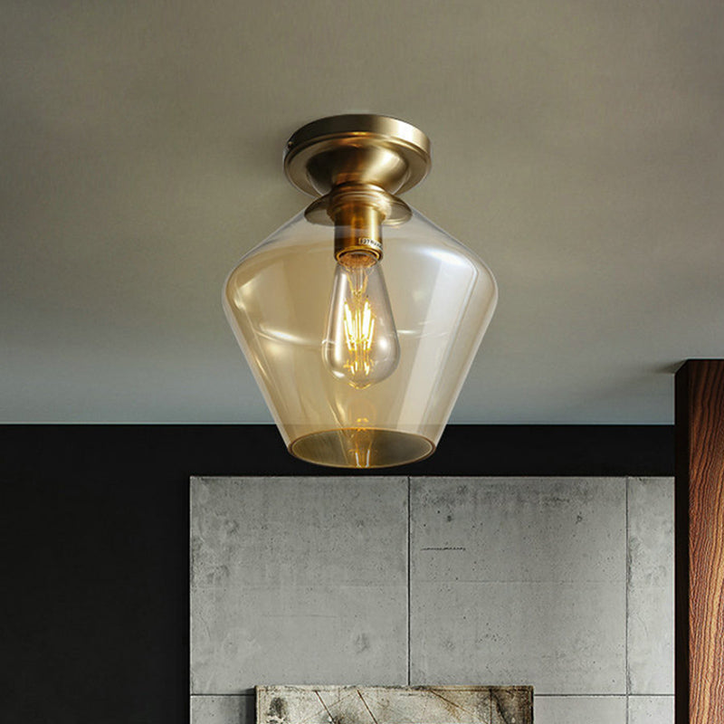 Diamond Shaped Flush Mount Mid Century Cognac Glass Single 9"/15" Wide Brass Ceiling Lamp Clearhalo 'Ceiling Lights' 'Close To Ceiling Lights' 'Close to ceiling' 'Flush mount' Lighting' 1454805