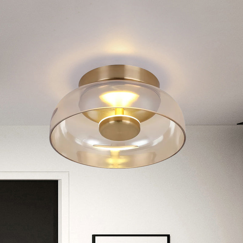 Clear/Cognac Glass Mini Bowled Flushmount Simplicity 1 Light Ceiling Mount Light Fixture in Brass Clearhalo 'Ceiling Lights' 'Close To Ceiling Lights' 'Close to ceiling' 'Flush mount' Lighting' 1454815