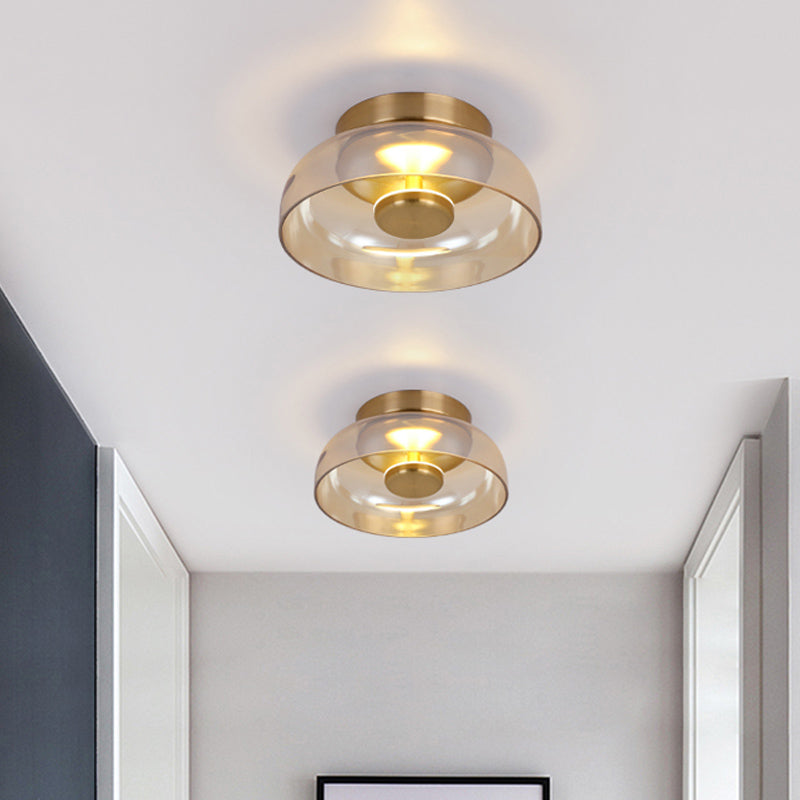 Clear/Cognac Glass Mini Bowled Flushmount Simplicity 1 Light Ceiling Mount Light Fixture in Brass Clearhalo 'Ceiling Lights' 'Close To Ceiling Lights' 'Close to ceiling' 'Flush mount' Lighting' 1454816
