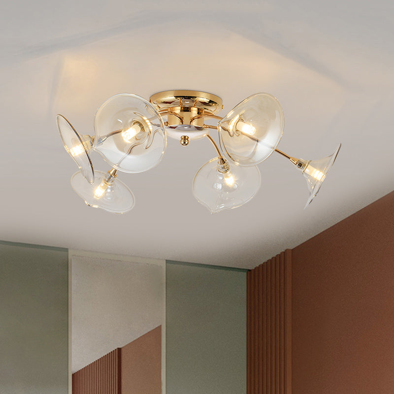 Vintage 6 Lights Ceiling Lamp Metal Brass Branchlet Semi-Flush Light Fixture with Flare Green/Cognac Glass Shade Clearhalo 'Ceiling Lights' 'Close To Ceiling Lights' 'Close to ceiling' 'Glass shade' 'Glass' 'Semi-flushmount' Lighting' 1454829