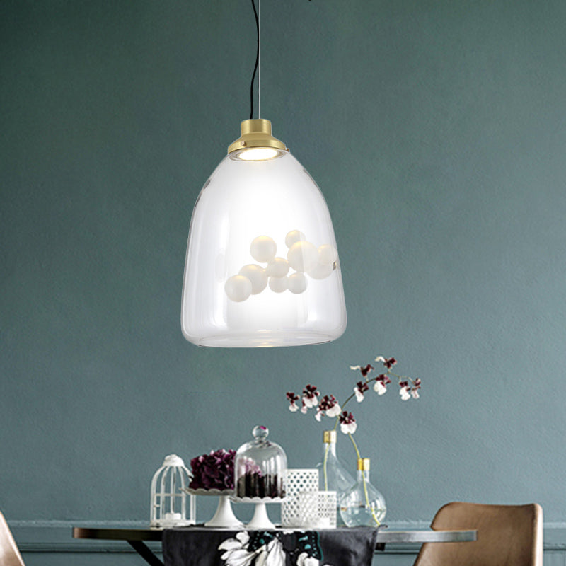 Minimalist Creative 1 Bulb Hanging Light Clear Glass Gold Long Cone/Globe Ceiling Pendant with Inner Bubble Decoration Clear Long Cone Clearhalo 'Ceiling Lights' 'Glass shade' 'Glass' 'Modern Pendants' 'Modern' 'Pendant Lights' 'Pendants' Lighting' 1454952