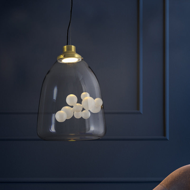 Minimalist Creative 1 Bulb Hanging Light Clear Glass Gold Long Cone/Globe Ceiling Pendant with Inner Bubble Decoration Clearhalo 'Ceiling Lights' 'Glass shade' 'Glass' 'Modern Pendants' 'Modern' 'Pendant Lights' 'Pendants' Lighting' 1454954