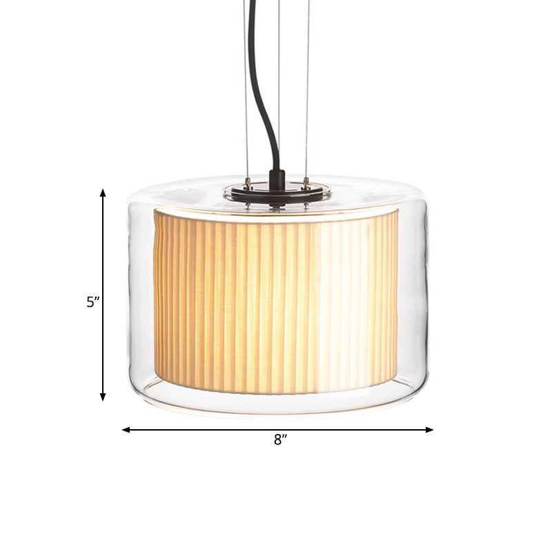 Gathered Fabric Drum Pendant Lamp Modern 1 Light Beige Pendulum Light with Exterior Transparent Glass Shade Clearhalo 'Ceiling Lights' 'Glass shade' 'Glass' 'Modern Pendants' 'Modern' 'Pendant Lights' 'Pendants' Lighting' 1454966